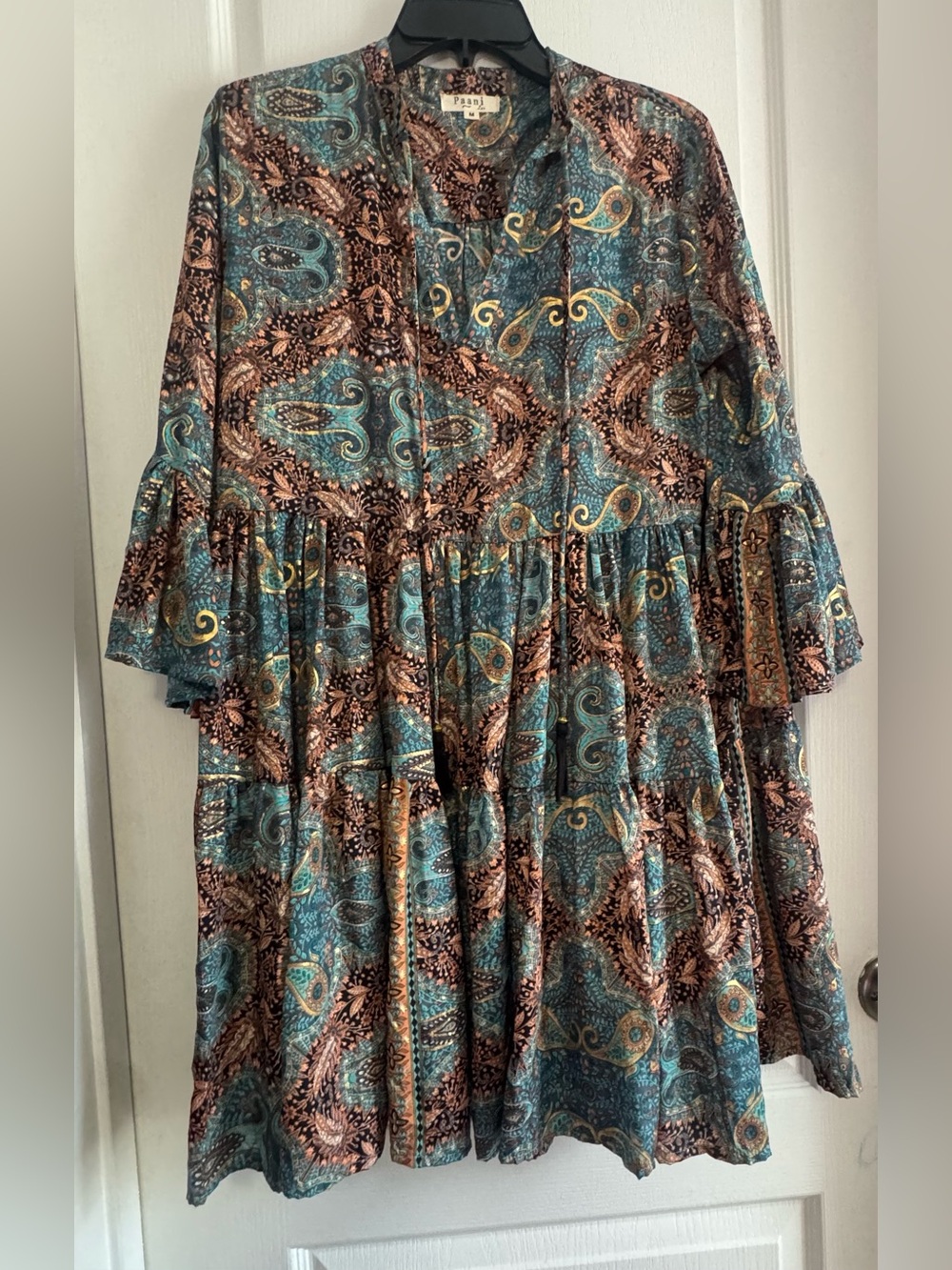 Boho Paisley Tiered Mini Dress in Teal and Brown